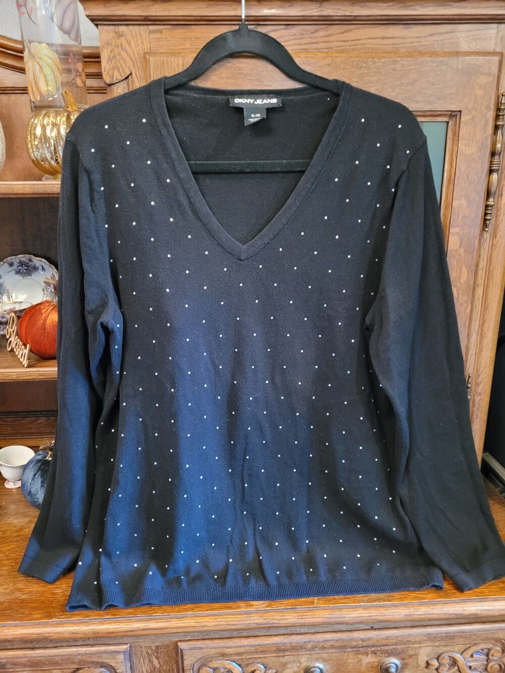 DKNY Jeans Women's Black Rhinestone Embellished V-Neck Cotton Sweater Size XL